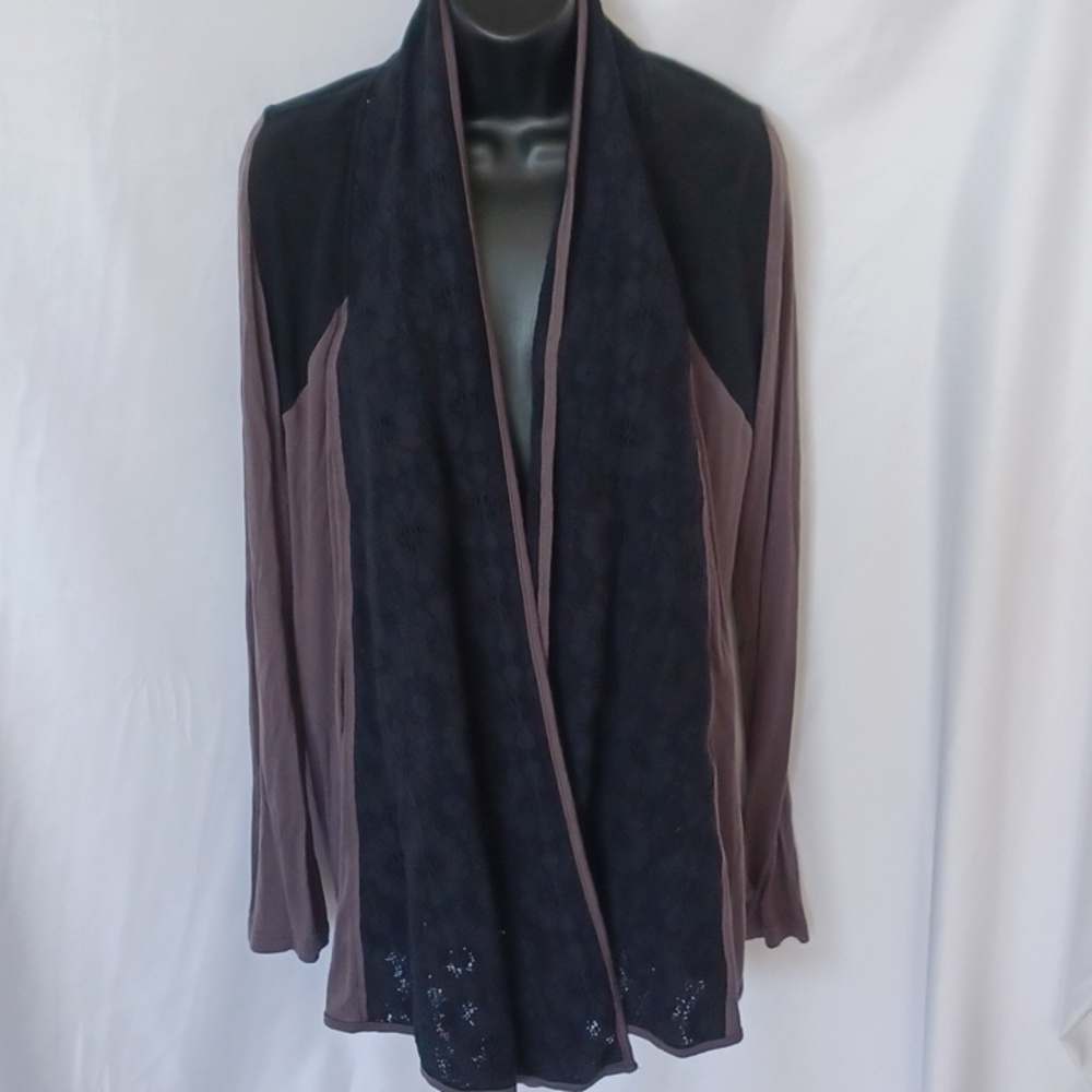 Radzoli cardigan cover up, open, embroidered, lace collar, black & gray